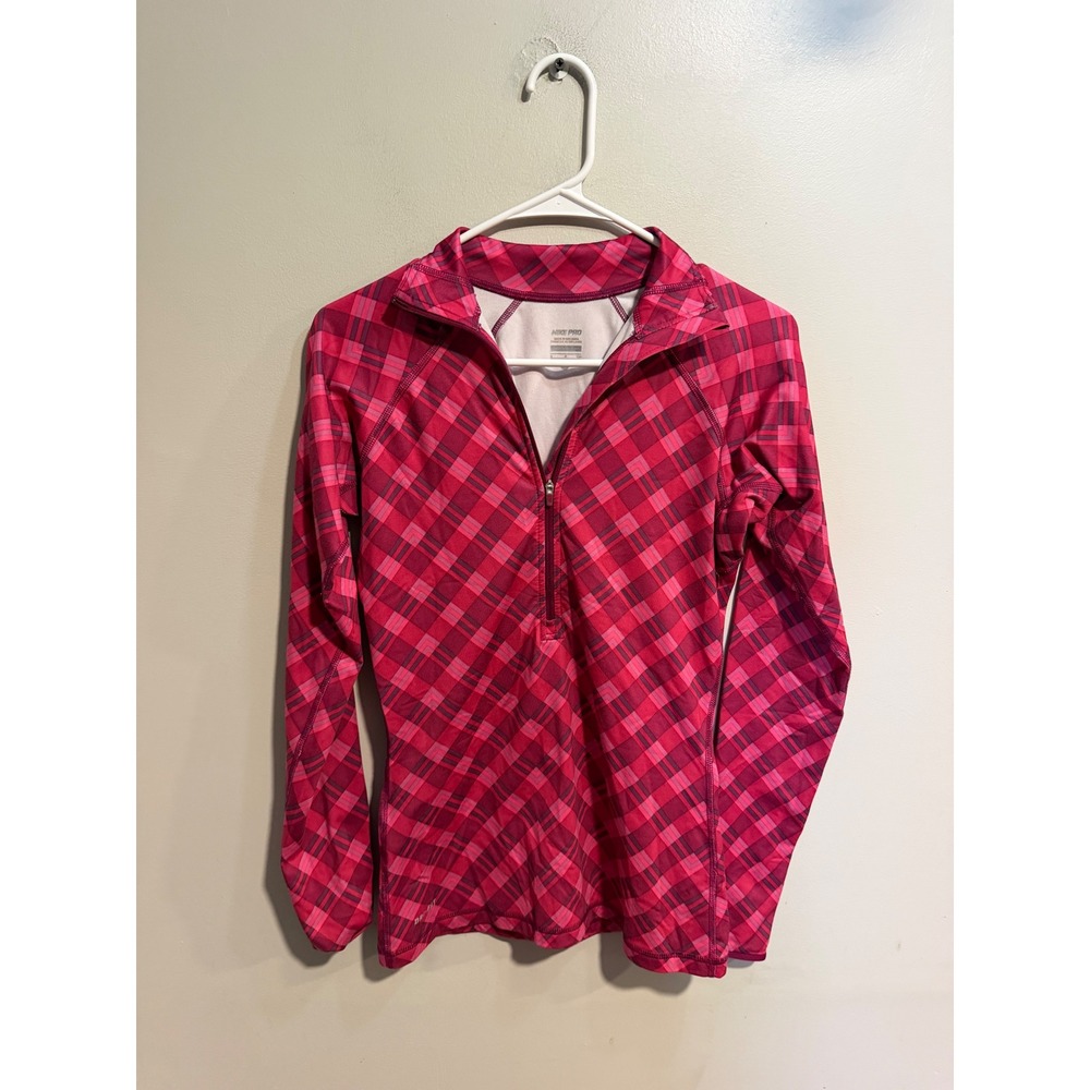 Nike Pro Womens S Dri-FIT Pink Plaid Fleece Half Zip Thumbhole Pullover Top